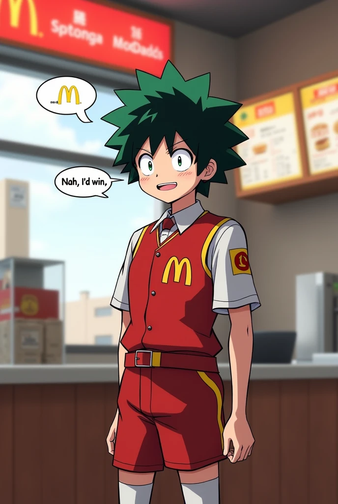 "A scene inside a McDonald's service location. The atmosphere is typical of a chain store., with service counters, order menu and characteristic decoration. Behind the counter, izuku midoriya, the character from the anime 'Boku no Hero Academia', is dressed in the McDonald's uniform, smiling and holding an order. He is speaking with a speech bubble that contains the phrase 'Nah, I'd win'. The style of the image is supposed to blend the design of a real fast-food environment with Midoriya's characteristic anime style.."