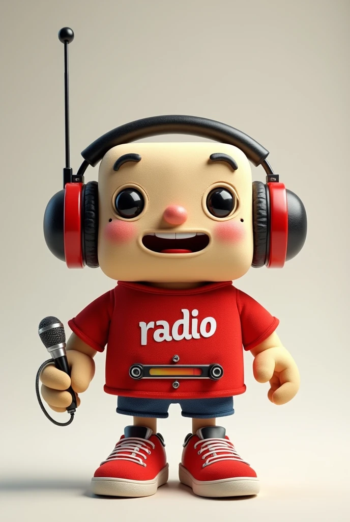 Shape and Size: radio antropomorfizado com corpo retangular e bordas arredondadas, approximately 30 cm tall. Short, cute arms and legs, made of soft material. head/Face: The mascot's face is in front of the radio, with large, expressive eyes on top and a wide smile just below. A flexible antenna comes out of the top, leaning to the side. vestimentas: Red shirt covering the radio's body, with the name "radio" stamped in the center in large, friendly white letters. The mascot wears red sneakers matching the shirt. Detalhes de radio: Stylized tuning scale on the center front of the radio, with small, rounded side control buttons. Accessories: Padded black and red headphones around the neck and a small silver microphone in the hand. Expression and posture: Cheerful and inviting expression, with playfully tilted antenna and stable posture, ready to interact. This mascot, with her cute appearance and wearing a red shirt with THE LETTER C IN WHITE COLOR", combines nostalgia and modernity, reflecting the energy and spirit of a Brazilian radio station.
