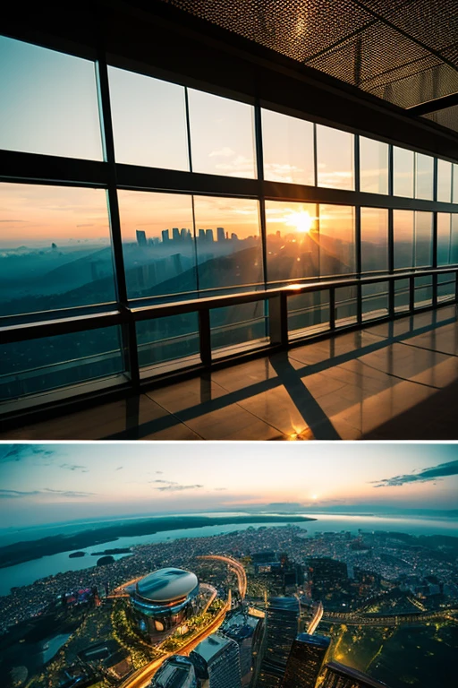 A giant glass structure on top of a mountain,Glass-floored observation deck,sunrise,Vast views,one-shot