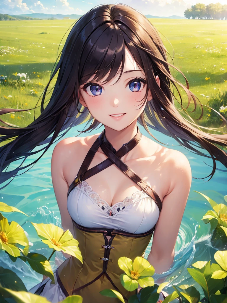 (masterpiece:1.5),(Beat quality),(high res),1girl solo,beautiful face,smile(shining eyes),upper body,light effects,summer clothes women,grassland