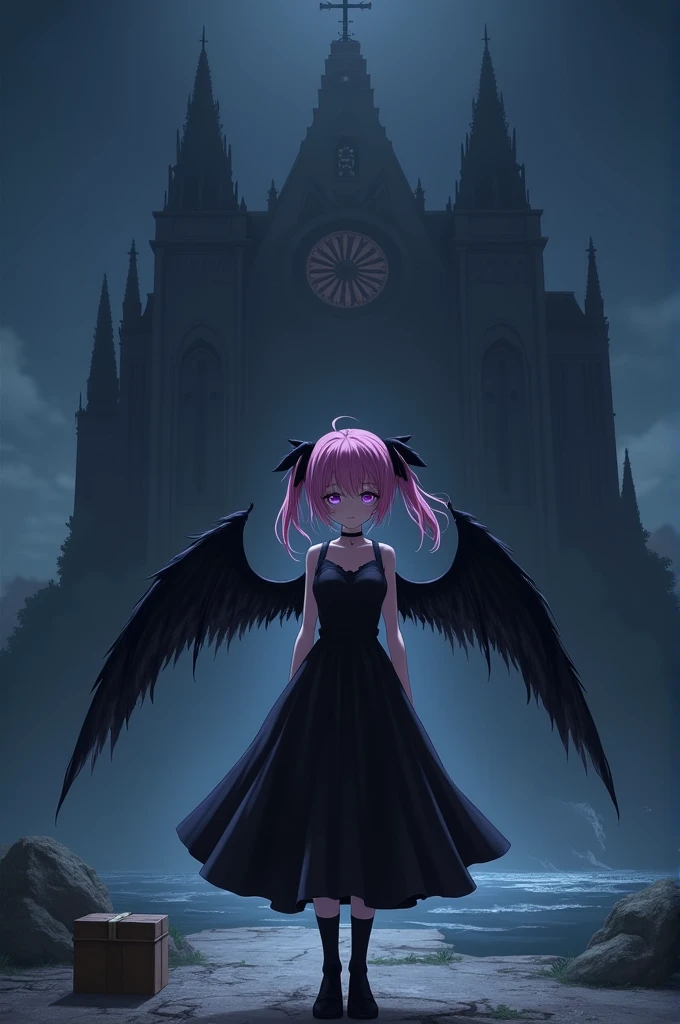 Ultra-high resolution, masterpiece, Highest quality, Very detailed, Anatomically correct, Sharp focus, Midnight, church , Island Altar, One person, alone, Cami Love, Pink Hair, short hair, Shoulder-length hair, black head wings, Twin tail hair, Purple eyes, Facial blemishes, Thin arms, Small box, Single back wing, Black jacket, ((Long black gown)), Black knee socks, Black high heels, Full Body Shot, close, Innocent pose, Eye-level shot, Front view, Innocent pose