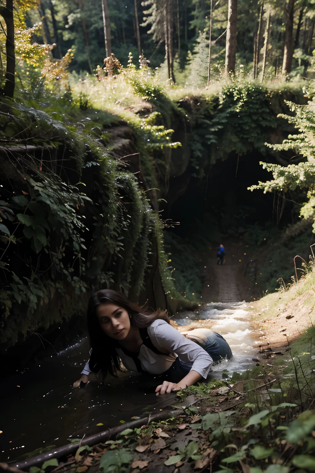 a woman falling down a ravine in a forest