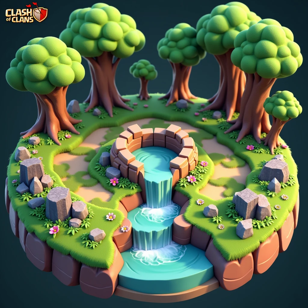 3D model game, Clash of Clan style, circular land model with small rock with waterfall flowing through, in old forest with rocks, trees and rotten wood with moss, flowers and grass growing. Ready to play.
