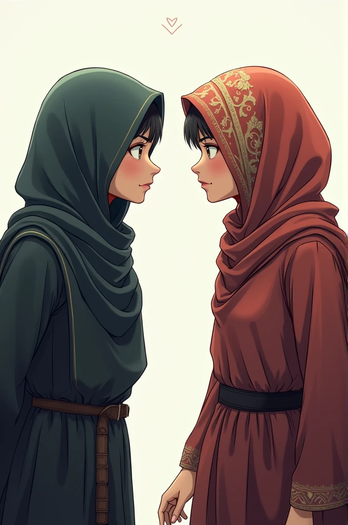 Please create 2 anime woman whose wear hijab, facing each other as though as they want to battle. 1 of them look give up another one full of energetic