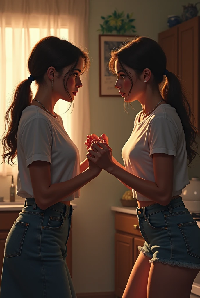 Make a picture of 2 sisters and 1 brother with fight
And they are twin but different face