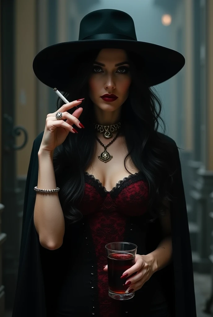 Serious woman , wearing a black end red lace cabaret style , wearing a black hat that covers almost her entire face, holding a glass of black liquid and a cigarette in the other hand. long black hair. dark jewelry and makeup and wearing a dark veil.
mysterious, malicious, intriguing