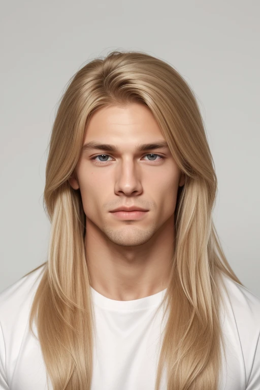 A young man with long dirty blonde hair. He looks strong, with muscle. His body is large with muscle. His face is quiet and reserved, and peaceful. He has a wide jaw. He has a bit of stubble on his chin. His shirt looks thight on him. He is in a plain white room.