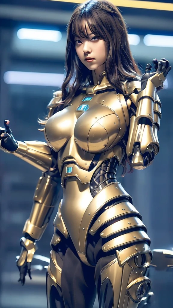 Highest quality, masterpiece, figure, (Realistic, photo-Realistic:1.37), wonderful, In detail, Incredibly absurd, Large file size, Very detailed, High resolution, Very detailed CG Unity 8k wallpaper, Very detailed目と顔, Ray Tracing, Browsing Caution, NUDE, One girl, Korean cyborg girl is innocent and young々Has a sly expression. She poses boldly with her arms raised above her head, Revealing her voluptuous figure. She is wearing a small black mecha armor top that barely covers her breasts., Exposing most of her flawless skin. Her shoulders and head have more armor detailing.、There are shining highlights, Tech Panels and Mechanisms. She is standing against a futuristic cityscape lit up with vibrant neon lights.、Standing full of energy。.