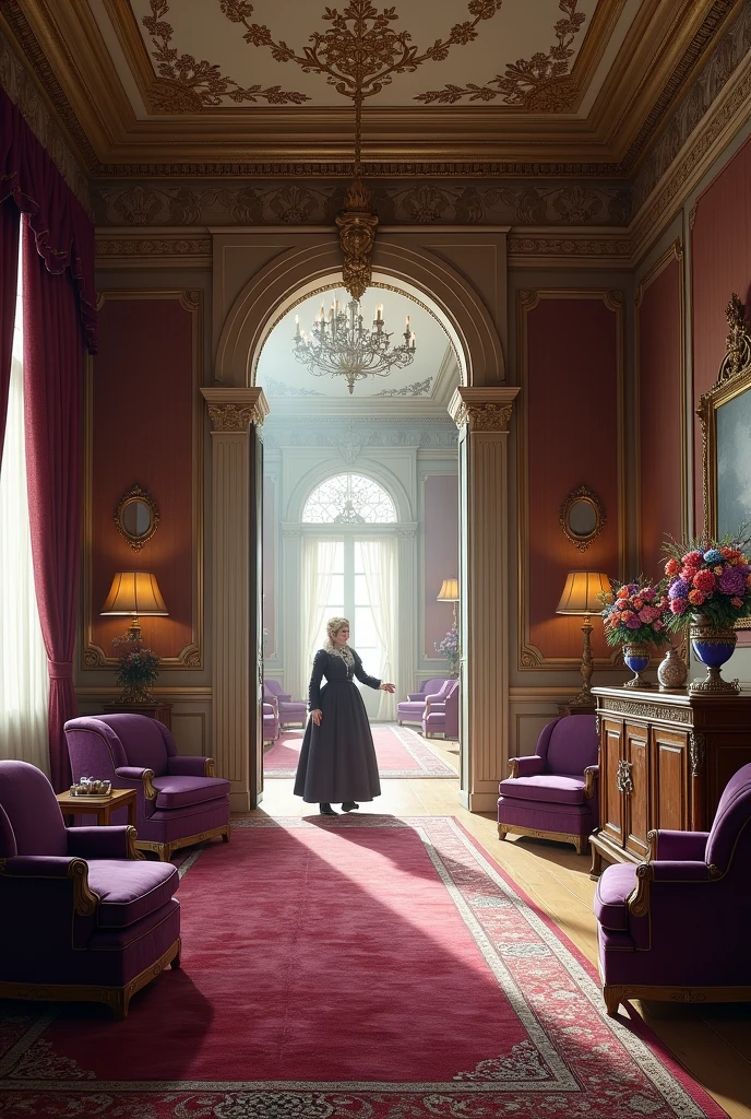 Your morning school-hours are over now, I suppose," said she. She was
in a room the folding-doors of which stood open: I went in when she addressed
me. It was a large, stately apartment, with purple chairs and curtains, a Turkey
carpet, walnut-panelled walls, one vast window rich in slanted glass, and a lofty
ceiling, nobly moulded. Mrs. Fairfax was dusting some vases of fine purple spar,
which stood on a sideboard.
"What a beautiful room!"wide arch corresponding to the window, and hung like it
with a Tyrian-dyed curtain, now looped up. Mounting to it by two broad steps,
and looking through, I thought I caught a glimpse of a fairy place, so bright to
my novice-eyes appeared the view beyond. Yet it was merely a very pretty
drawing-room, and within it a boudoir, both spread with white carpets, on which
seemed laid brilliant garlands of flowers; both ceiled with snowy mouldings of
white grapes and vine-leaves, beneath which glowed in rich contrast crimson
couches and ottomans; while the ornaments on the pale Parisian mantelpiecewere of sparkling Bohemian glass, ruby red; and between the windows large
mirrors repeated the general blending of snow and fire