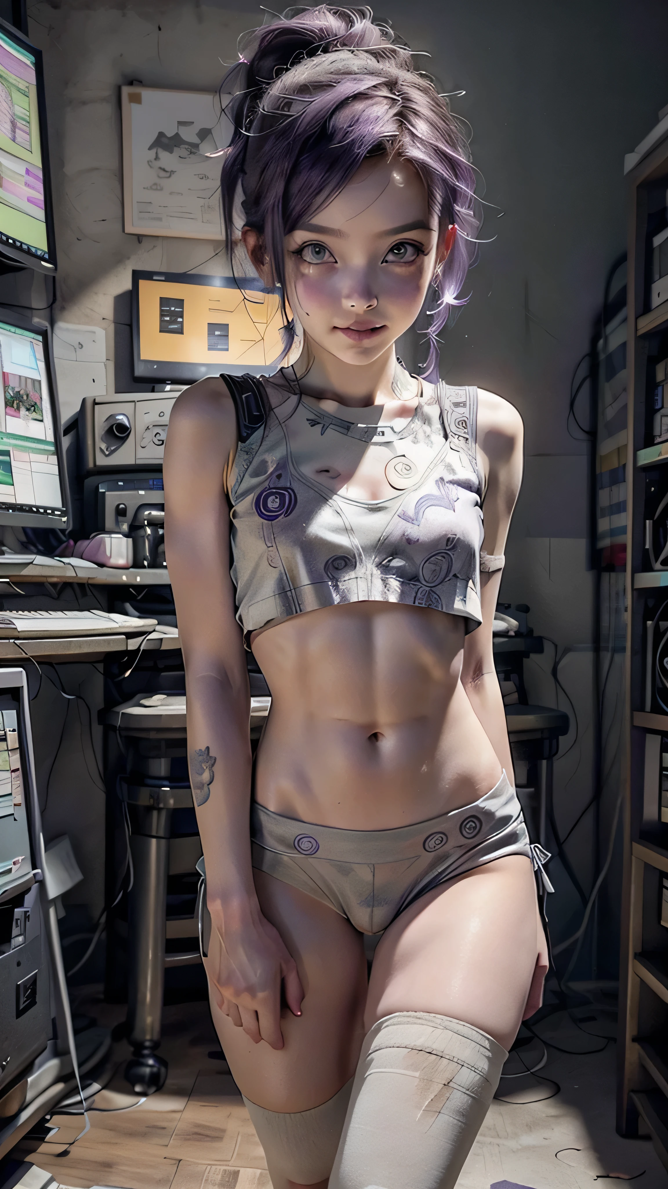 A hot cute young woman dressed in sexy cyberpunk clothes, facing camera, a little smile, standing in front of a wall of computers, intricate designs, Smokey room, Celtic tribal tattoos, ((purple eyes, flat chested, toned abs, baby face)), (intense colors), undercut purple hair with ponytail, cyberpunk background, dressed in cyberpunk clothes, cameltoe showing