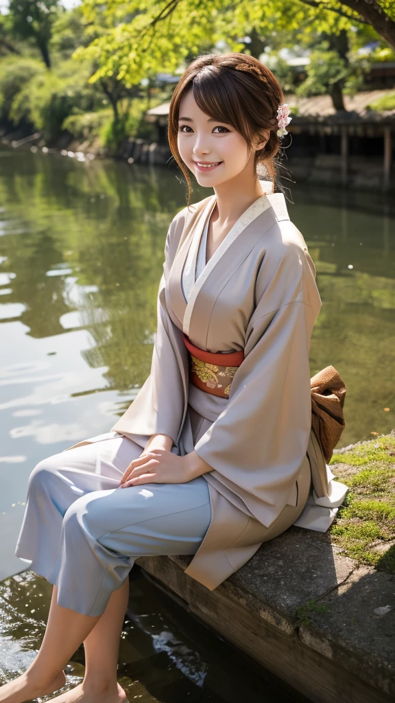 One person, High resolution, Shortcuts, Brown Hair, chest, smile, kimono,Sitting,Riverside