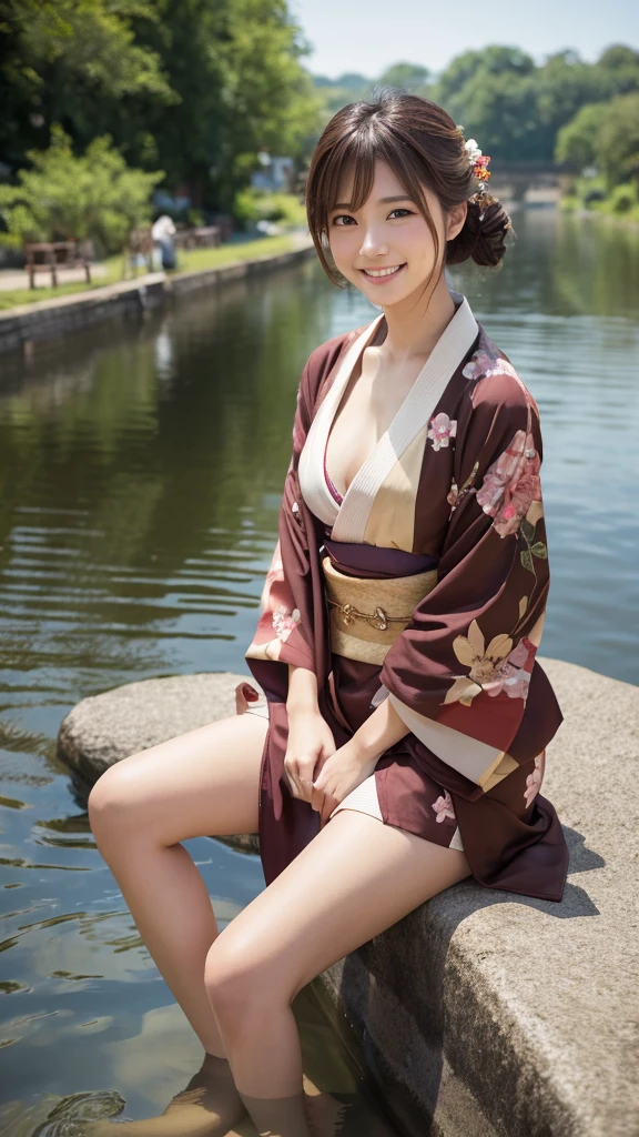 One person, High resolution, Shortcuts, Brown Hair, ?????, smile, kimono,Sitting,Riverside
