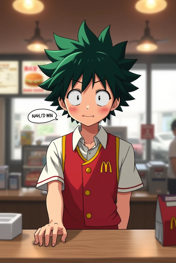 "A scene inside a McDonald&#39;s service location. The atmosphere is typical of a chain store., with service counters, order menu and characteristic decoration. Behind the counter, izuku midoriya, the character from the anime &#39;Boku no Hero Academia&#39;, is dressed in the McDonald&#39;s uniform, smiling and holding an order. He is speaking with a speech bubble that contains the phrase &#39;Nah, I'd win'. The style of the image is supposed to blend the design of a real fast-food environment with Midoriya&#39;s characteristic anime style.."
