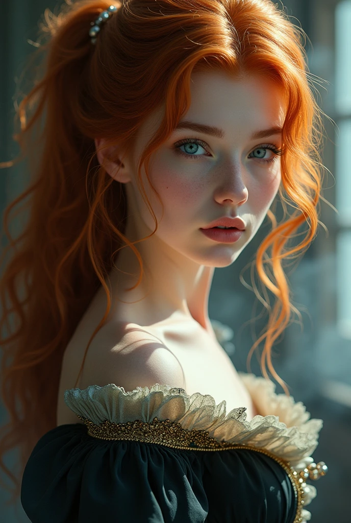 (solo, full body photo:1.3), (action packed:1.3), (haze, fog, mist:1.3), chiaroscuro, best quality, photorealistic, 1woman, (cute), (24yo:1.2), redhead, long ginger hair highly detailed, 1700'S, digital photography, art by artgerm and ruan jia and greg rutkowski surreal painting gold butterfly filigree, broken glass, (masterpiece, sidelighting, finely detailed Fashionable eyes: 1.2) (perfect oval large eyes that gazes at the viewer), beautiful detailed face, blue gorgeous perfect eyes, (blonde hair ponytail), (attractive young woman:1.3), (thick amazing hair), (seductive:1.1), (blushing:1.1)