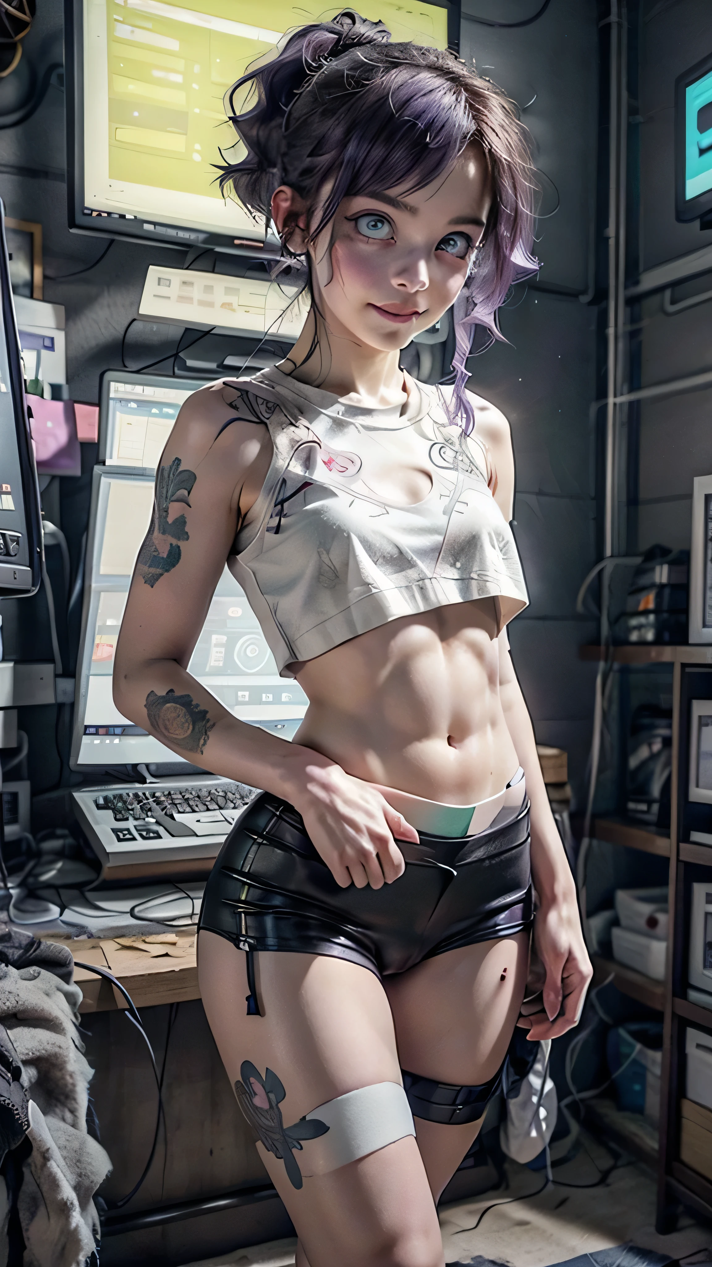 A hot cute young woman dressed in sexy cyberpunk clothes, facing camera, a little smile, standing in front of a wall of computers, intricate designs, Smokey room, Celtic tribal tattoos, ((purple eyes, flat chested, toned abs, baby face)), (intense colors), undercut purple hair with ponytail, cyberpunk background, dressed in cyberpunk clothes, cameltoe showing