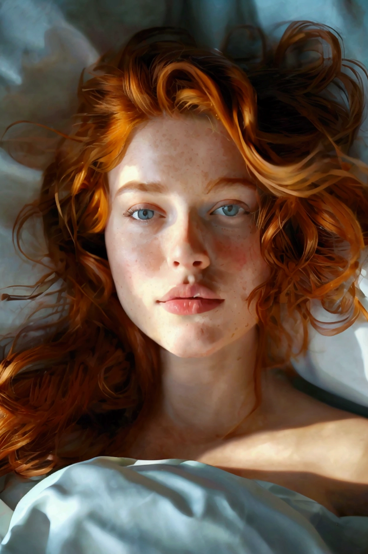 Ultra réaliste, la photographie, longs cheveux roux, fille, 24 ans, chiffre de sablier, corps parfait, look affectueux, seins améliorés, arrière-plan flou, Dans la chambre, elle est allongée sur le dos sur son lit, elle est face à la caméra, la caméra est à ses pieds, draps en soie rouge, elle est nue,