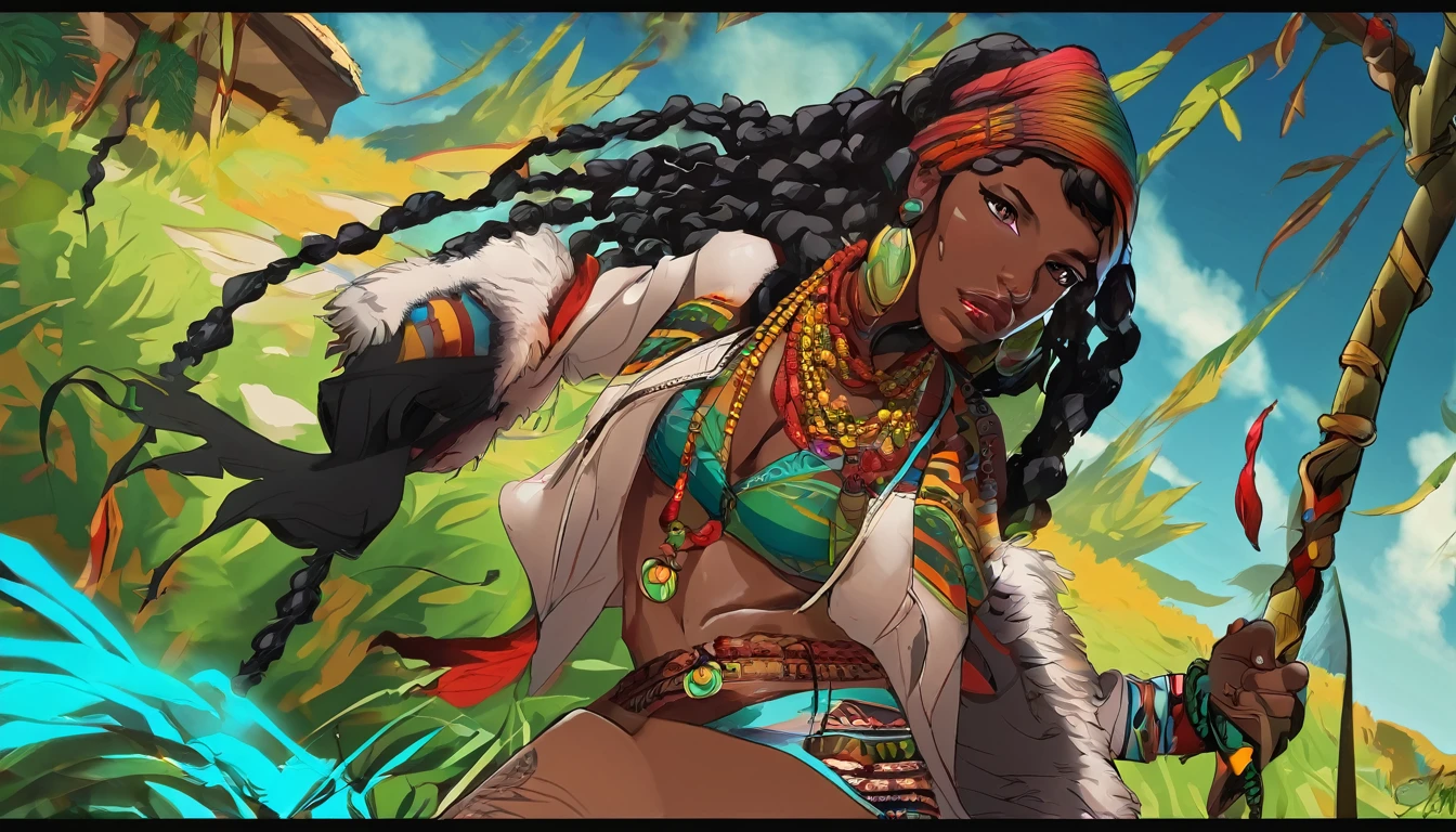 1Kizi, [Red hair|Bblack hair], \(Sauvage, darkskin, woods, tribal, Amazonia, humida\)_Kizi, \(Sauvage, woods, tribal, Amazonia, coat, ossos\)_\(badass clothing, badass clothing\), tribal_\(marks, tatoo\), breasts small, bare feet, Kizi skinny, Rabyforest, Raby, skyfall, From  above,
