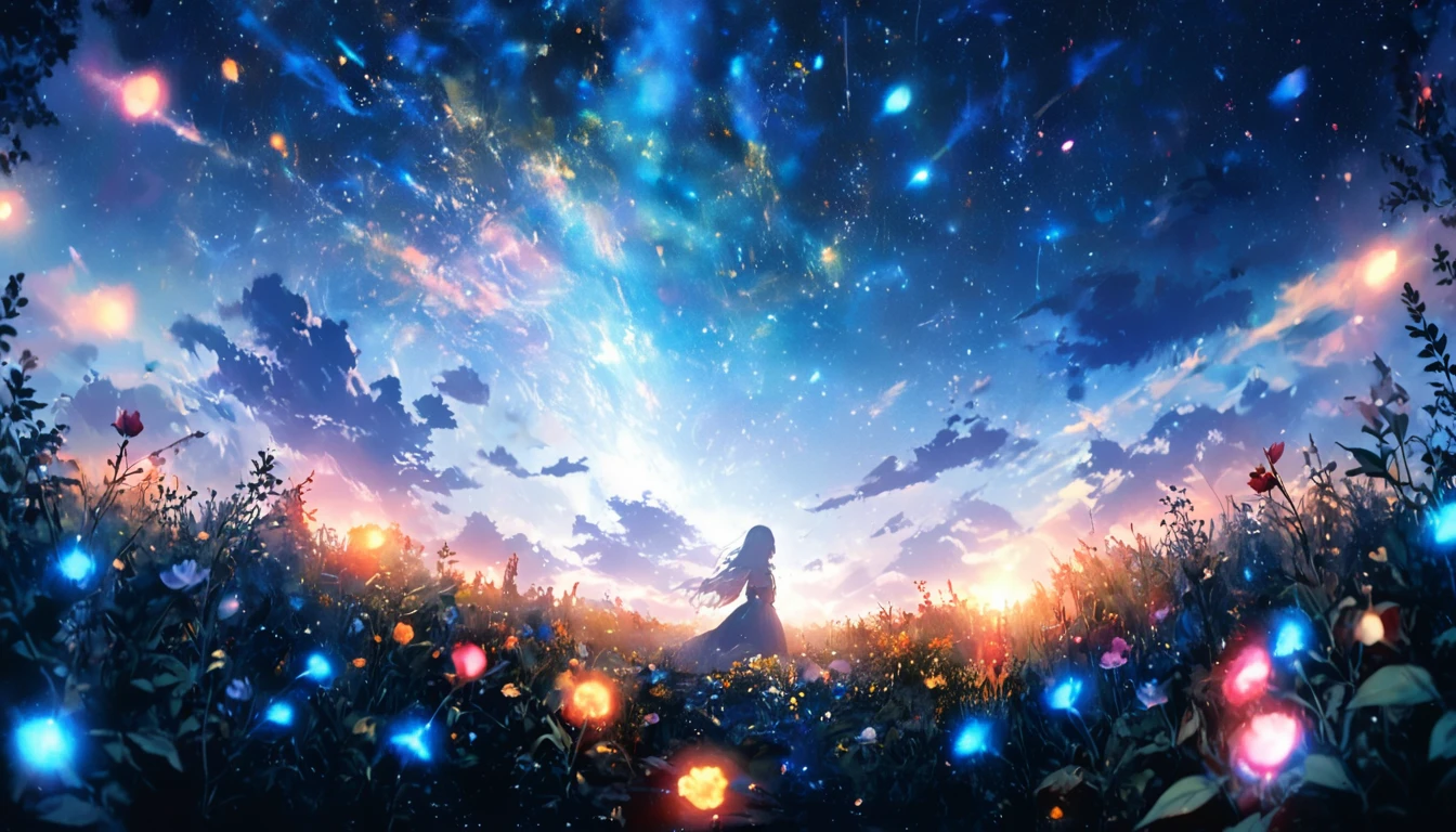 masterpiece, Concept Art, Panorama, in the center, shape, Wide Shot, garden, night, (meteor), Space galaxy background, (Great composition, Epic Scale), Dynamic Lighting, Bright colors, Blue rose,Landscape Long Eyelashes, Round eyes, Silver Hair, Half-closed eyes, sad, Cast a Shadow, Anaglyph, Stereogram, tachi-e, Atmospheric perspective, Wide Shot, reflected light, 8k, Super Detail, Highest quality, Anatomically correct, The sky is rainbow-colored