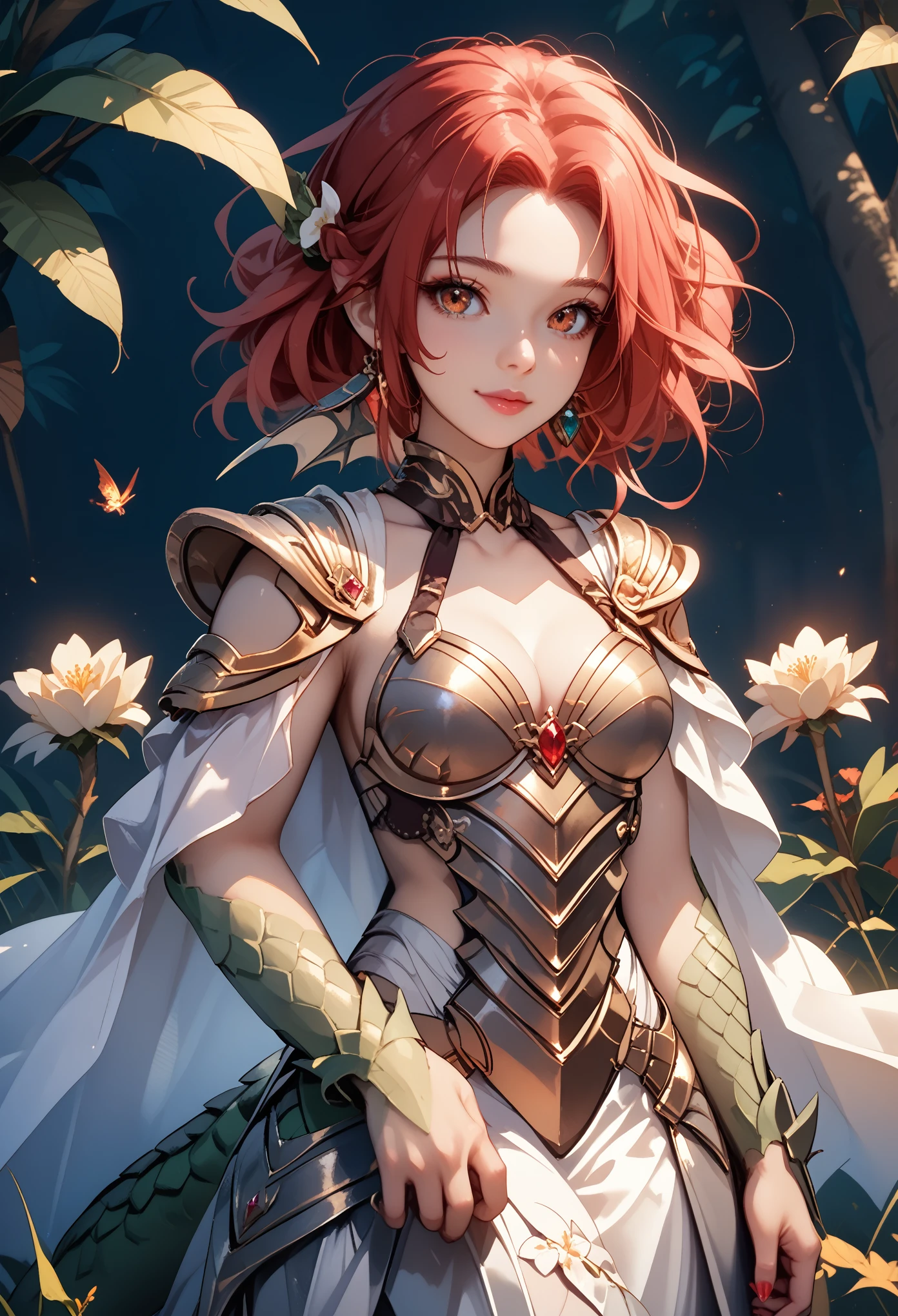 granberia, red hair, Scales, dragon, armored dress, score_9, score_8_up, score_7_up, pfstyle, fantasy, beautiful view, Flower glade, joy, bright colors, Juicy tones, Clear drawing, maximum details, Ultra resolution, Clear drawing of details, masterpiece 