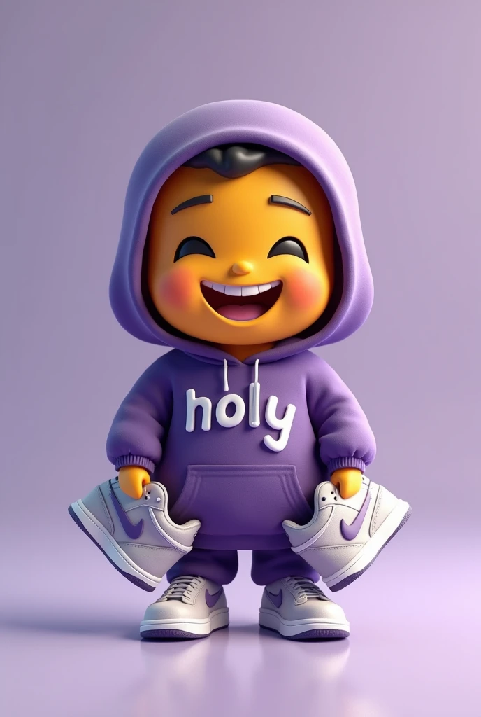 smiling memoji with dark purple hoodie , written holy clean sneakers and holding Nike sneakers