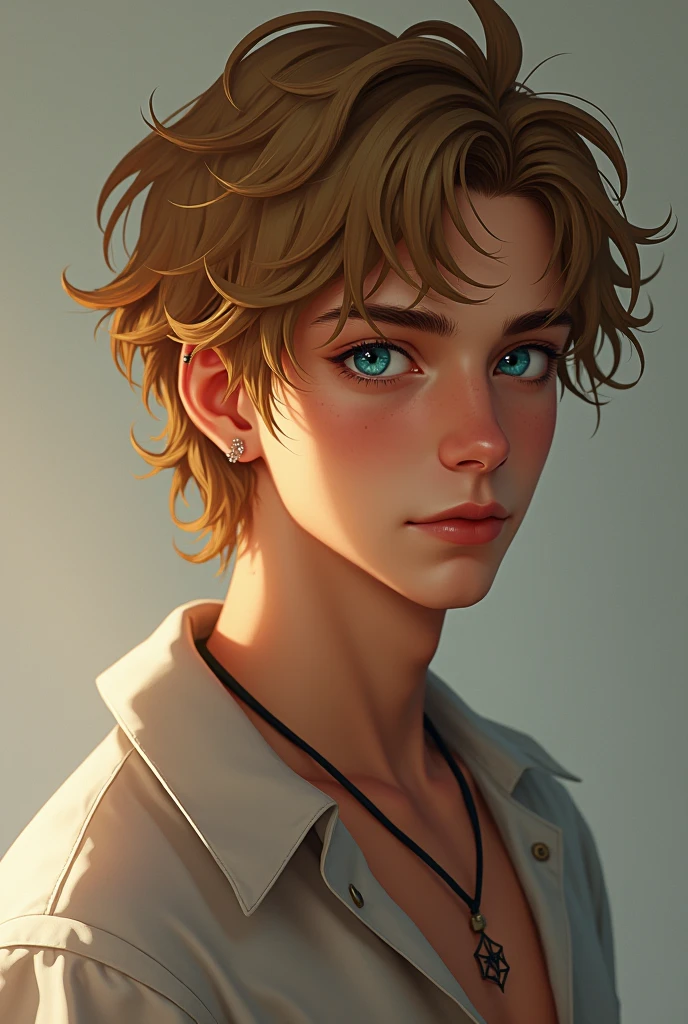 Hair Color Golden brown. Bright blue eyes, has a star-shaped birthmark on the back of his right hand. Wavy Hairstyle, slightly long and often tied in half. Wearing Style