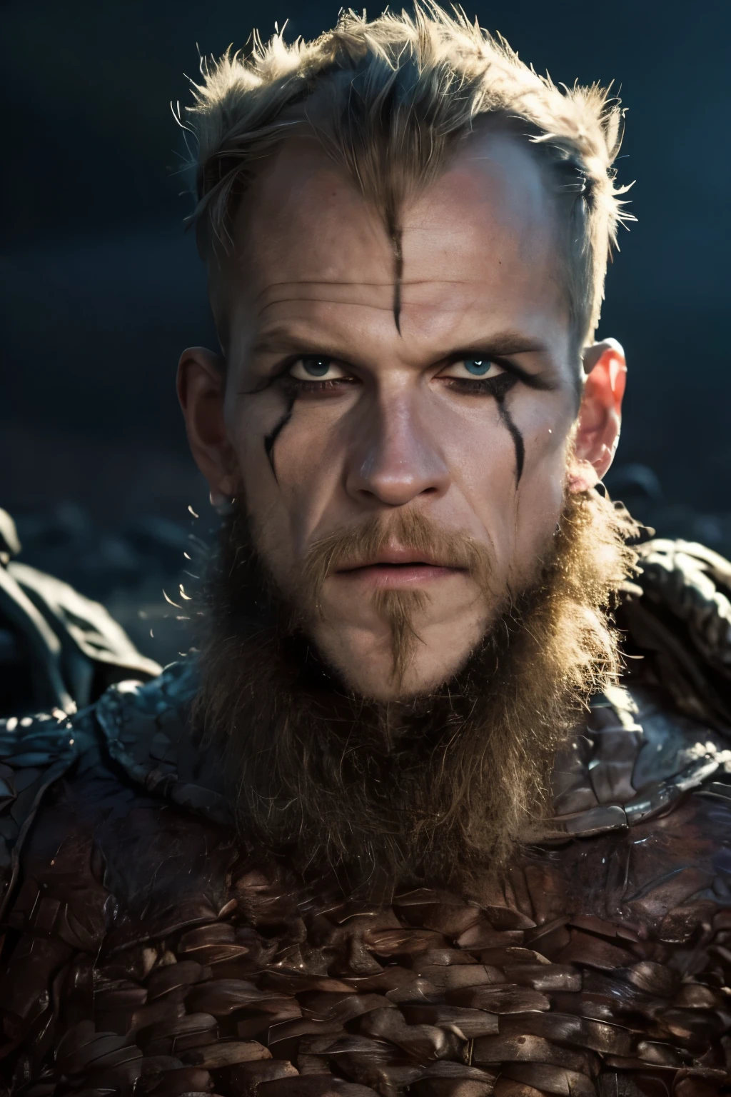 Hyper-realistic:1.4,  cinematic artwork portrait of Floki from the Vikings series, detailed face:1.4, captured in a dynamic pose with the sensation of movement, as if he's emerging from shadows in a dense, misty forest. His intense gaze and intricate facial tattoos are emphasized, reflecting his eccentric and mystical nature. The scene is bathed in a cold, harsh light that contrasts with the dark, ominous surroundings, capturing the grim atmosphere of the Viking era. The image should convey a sense of depth, with a strong focus on three-dimensionality, highlighting Floki's enigmatic and chaotic personality, set against the backdrop of the Norse world. (((Cinematic Full moon background))).