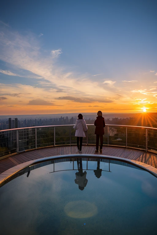 A giant glass structure on top of a mountain,Glass-floored observation deck,sunrise,Vast views,Shot with a 50mm lens