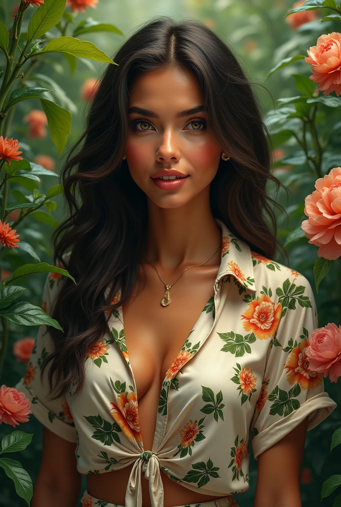 A Brazilian woman in a lush tropical garden, wearing an open shirt with a floral print, with a close-up capturing the harmonious beauty between her breasts and the natural flowers, showing off your natural charm and outgoing personality.