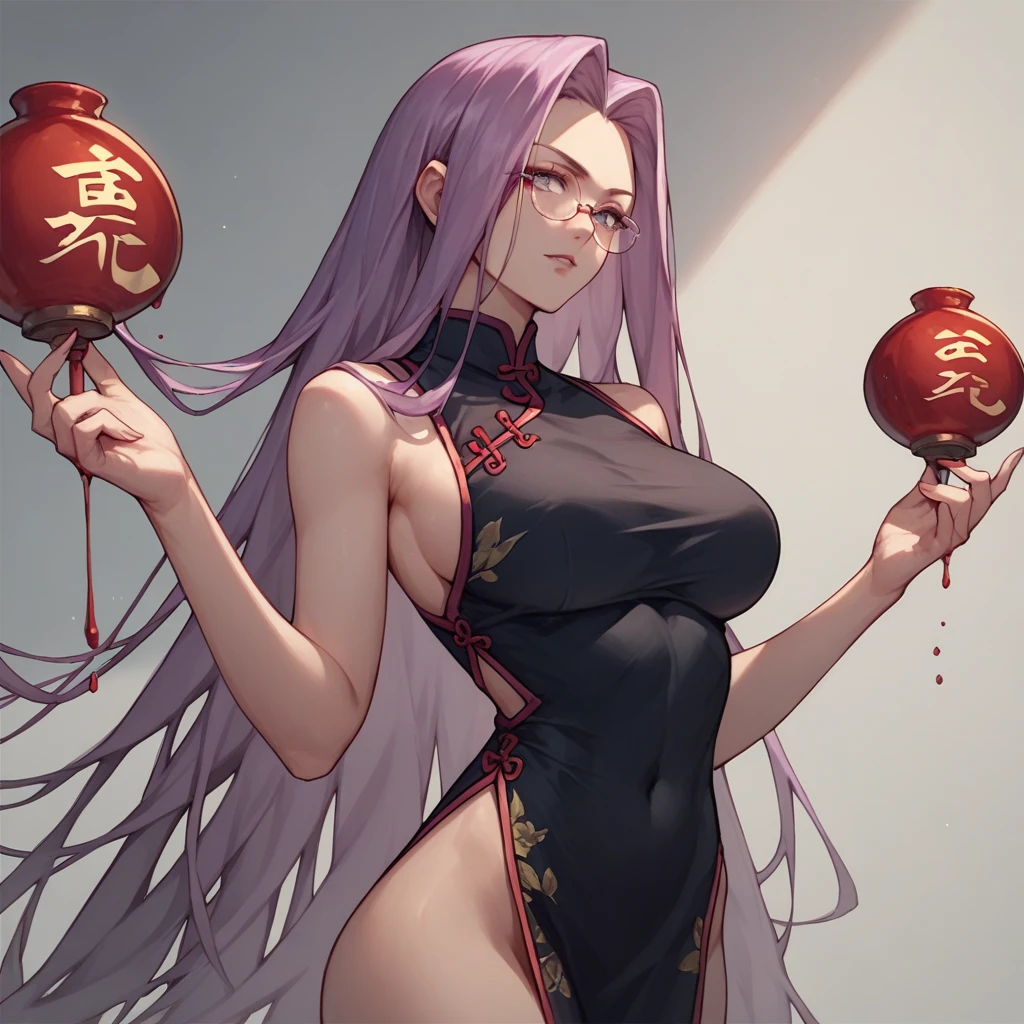 score_8_superior,sauce_anime, One person, Medusa, Very large breasts, Are standing,The whole body is visible, A gorgeous black open-necked Chinese dress,　Sexy pose,Background white,Glasses
