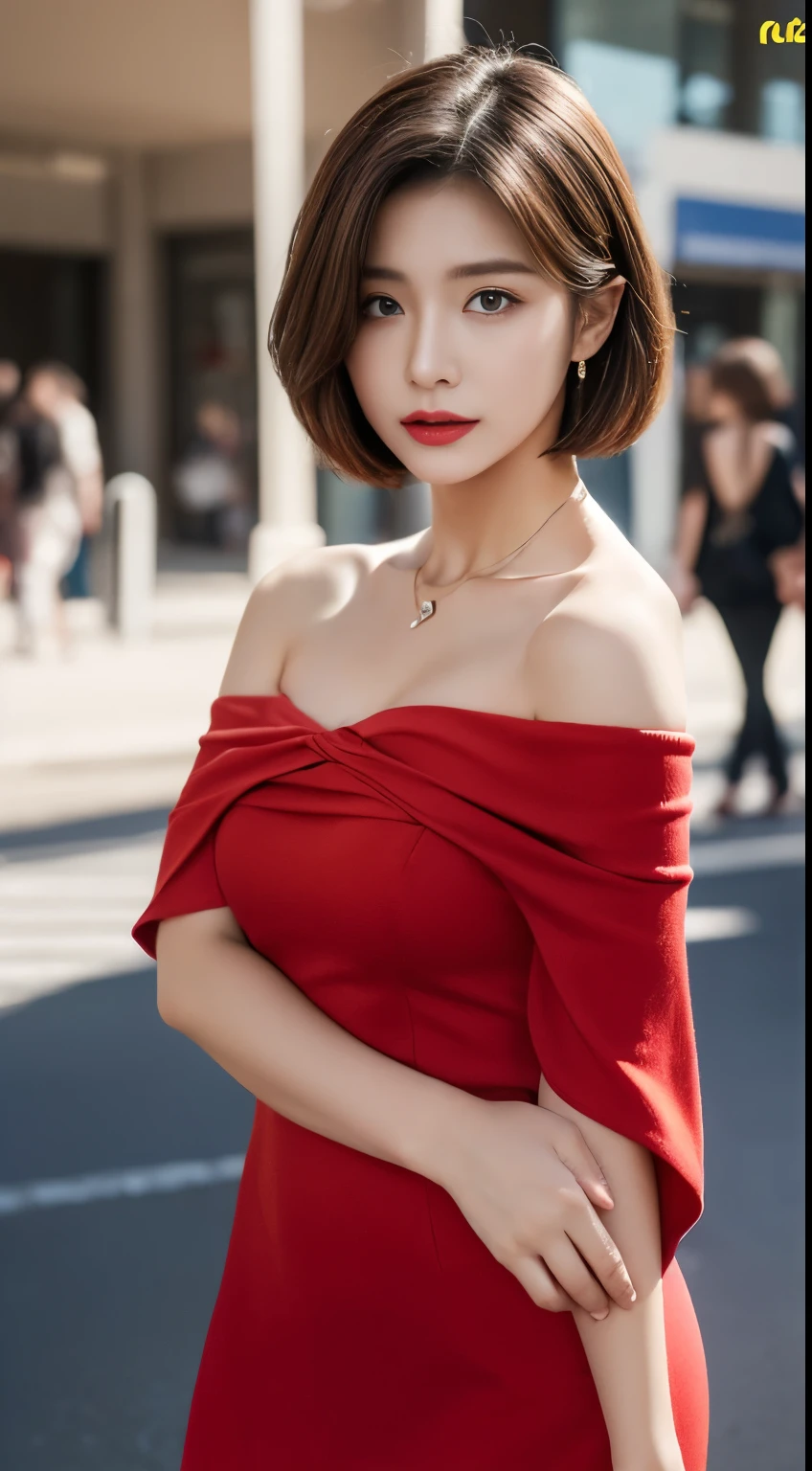 The 8k quality、Top image quality、超A high resolution、masterpiece、Photorealsitic、1 girl in、tense look、Trendy makeup、bob cuts、(((Red off-the-shoulder dress)))、A y、ciinematic light、The protagonist、the chaos、Super Slender、(g-cup)、((Do not wear underwear))、in a crowd of people、Number of people who are about to be crushed、Dynamism、a necklace、Magazine covers、Focus only on the main character、The best looks in the world、a closeup