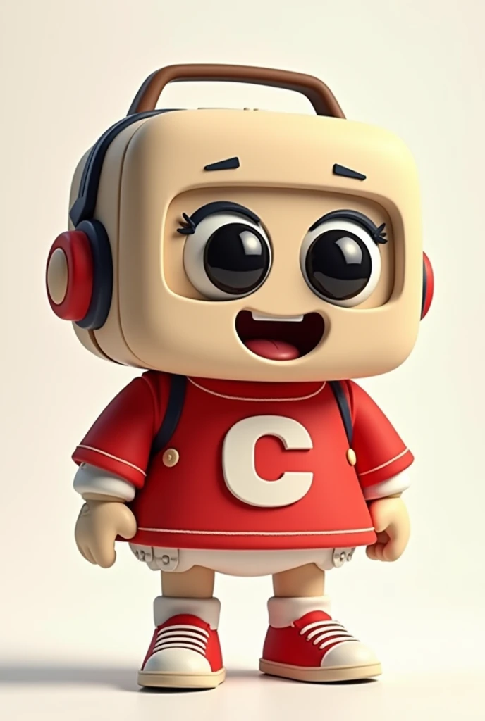 Description of the Mascot: Shape and Size: The mascot is an anthropomorphized radio, about 30 cm tall, rectangular in shape, but with soft, rounded edges for a cuter, friendlier look. O corpo of the mascot é proporcionalmente largo, with short, thick arms and legs, which are flexible and made of soft material. The ends of the legs end in small, round feet, while the hands have three thick, rounded fingers. head/Face: A frente from the radio é onde o rosto of the mascot está localizado. He has large, expressive eyes, black in color, com um brilho especial que dá vida à expressão of the mascot. The eyes are positioned at the top of the "screen" from the radio, with short, thin eyelashes that add a touch of sweetness. O sorriso largo of the mascot é uma fenda levemente curvada na parte inferior da face, that shines with a slightly metallic tone, suggesting speakers hidden behind a thin grille. Above the eyes, there are two small round buttons that serve as "ears" of the mascot, and they can move slightly, giving the impression that he reacts to sound or music. These buttons may have volume or tuning details., but stylized in a cute way. cos/vestimentas: O corpo of the mascot é o próprio rádio, with a vibrant red shirt worn over it. The shirt is made of a soft and comfortable material, like cotton, que se ajusta perfeitamente ao corpo from the radio, but with enough space to give it a cute look. No centro da camisa, is stamped WITH THE LETTER C in white letters, large and rounded. The font is modern and friendly, easy to read and attention grabbing. As mangas da camisa são curtas e deixam parte dos braços of the mascot visíveis. The seams of the shirt are highlighted in white, and there is a small detail of buttons on the front. The mascot has small feet covered in white socks and wears red sneakers., that match the shirt. The sneakers have white laces and subtle black details., c