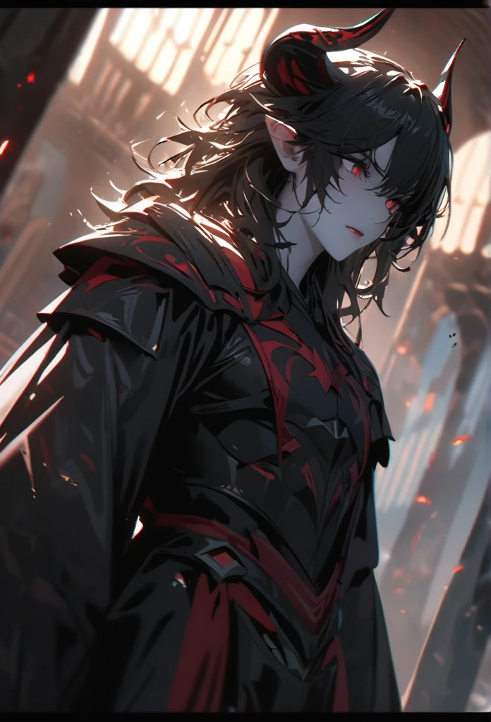 (standing alone), Demon Lord, masculine, Bblack hair, Messy hair, naughty mane hair, medium hair, A naughty man bun with long hair, Dense hair, wild hair, expressive hair, mellow,(age 25), pale skin, Eyes red, ((naughty man)), wearing a black robe, black armour, black demon horns,, Seriously, bonitas, appealing, eye reflection, Depth of field, Thunder Aura,cinematic lighting, ray tracing, Depth of field, cinematic lighting, ray tracing, ultra HD, High details, best qualityer, high resolution, high qualiy, awardwinning, super detaill, work of art, 8k, ultra HD, High details, best qualityer, high resolution, high qualiy, awardwinning, super detaill, work of art, 8k, digitl art, anime coloring, whole body, shot on the body, good face, face perfect, face detailed, good eyes, sitting in a throne