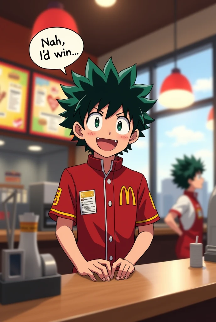 "A scene inside a McDonald&#39;s service location. The atmosphere is typical of a chain store., with service counters, order menu and characteristic decoration. Behind the counter, izuku midoriya, the character from the anime &#39;Boku no Hero Academia&#39;, is dressed in the McDonald&#39;s uniform, smiling and holding an order. He is speaking with a speech bubble that contains the phrase &#39;Nah, I'd win'. The style of the image is supposed to blend the design of a real fast-food environment with Midoriya&#39;s characteristic anime style.."
