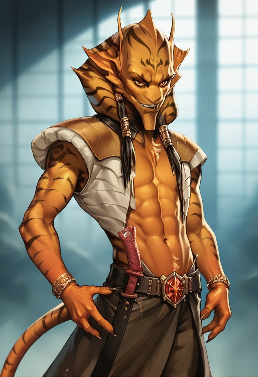 a Kalleran Jedi OC character,femboy,skinny,devil,maleficient,anthropomorphic,fur,androgynous,male focus,flat chest,orange skin,a sexy physique,inspired by the style of Stargate, masterfully rendered with exceptional details and shining,light colors,Vanguard background and normal lighting.