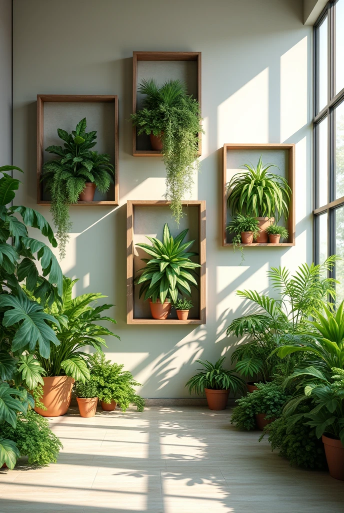 In a large room with five to seven photo frames on the wall and each photo frame will be different, create a picture with different plants inside the photo frame.
