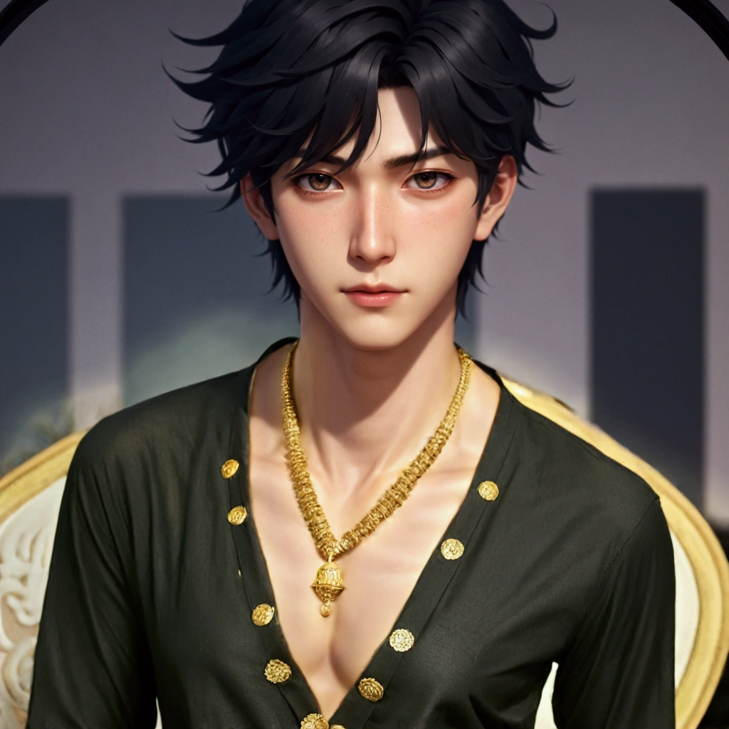 Plain black kurta, loose collar, bare chest, open buttons