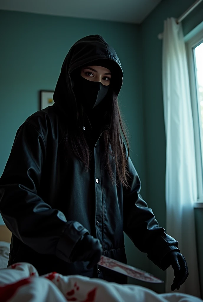 korean girl, (behind corpse, balaclava girl), holding knife, stabbing, black gloves, room full of blood, black raincoat, plump girl, glamorous girl, hood up, holding knife, black gloves, behind corpse, looking at viewer, blood splatter, 20 years old, bed room, black wet suit, night, mass murderer, killer, robbery, dark atmosphere, cinematic lighting, atmospheric realistic, light from the window close-up,
