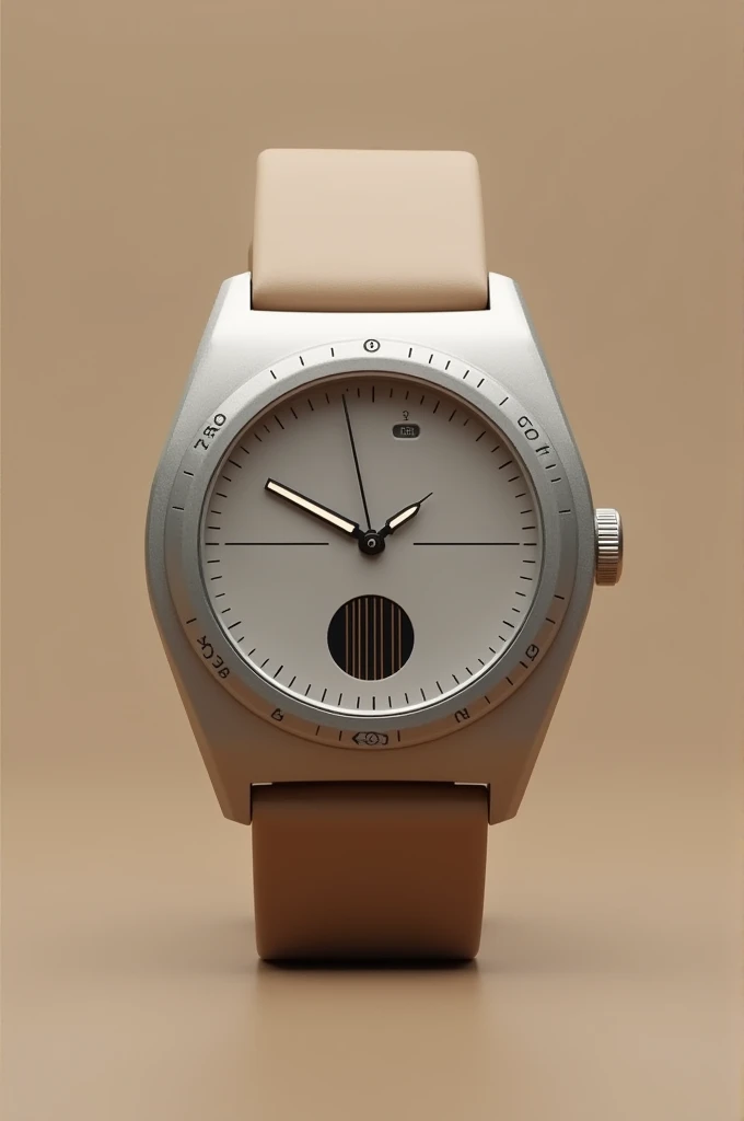 An image of Design a sleek, modern watch with a clean, minimalistic dial featuring a subtle solar panel integrated into the face. Use a recycled aluminum case with a matte finish and pair it with a biodegradable strap in a neutral color. The interface should highlight eco-friendly features and health metrics with simple, intuitive icons.