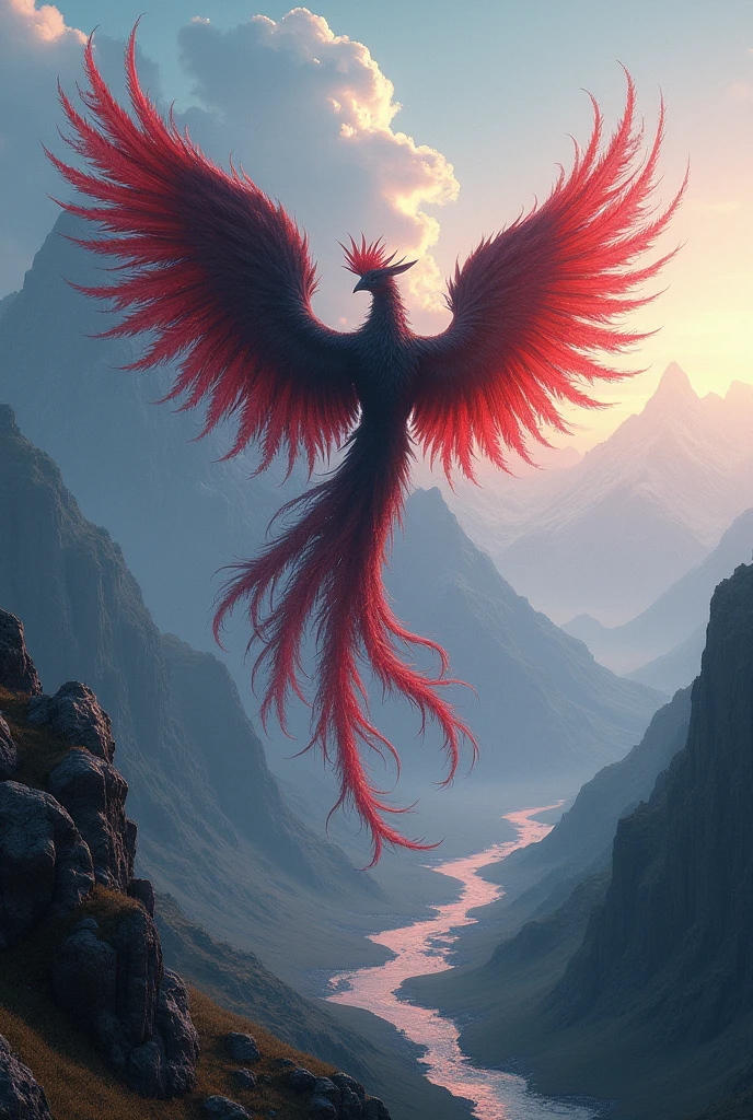 a black and red shadow phoenix flying over a mountain leaving a trail of ash and flowing shadow