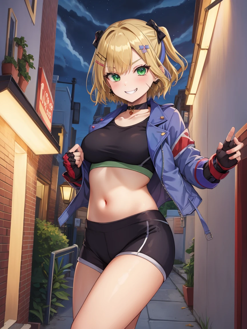 Portrait, official art, best masterpiece, best quality, best resolution, 8K, best detailed, perfect anatomy
break
Dynamic pose, fighting pose
break
1girl, solo, kurumi noah, hairclip, hair ornament, bow, jewelry, medium breasts, (Short stature:1.3), cute, Green Eyes
break
blonde hair, scar on cheek, black choker, collarbone, blue jacket, cropped jacket, open jacket, sports bra, midriff, fingerless gloves, black gloves, black pants
break
(lewd smile), grin
break
Back alley, downtown, (night, midnight, darkness:1.4), very fine and detailed 16KCG wallpapersrs