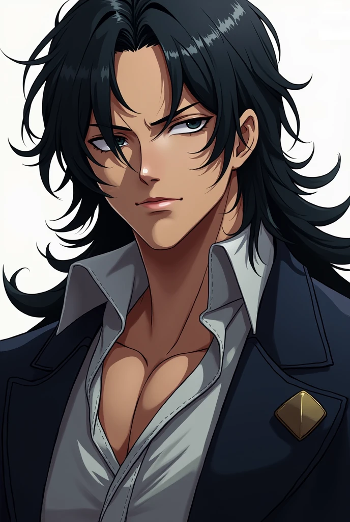 Anime, tall man, black hair, black eyes, classic costume, long hair, serious face, one piece style, beautiful, 19 years old