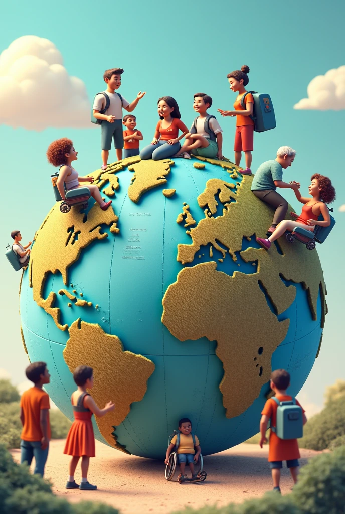 A GLOBE WITH SEVERAL PEOPLE WITH PROMINENTLY VISUAL IMPAIRMENTS, TRANSMITTING AN IDEA OF INCLUSION