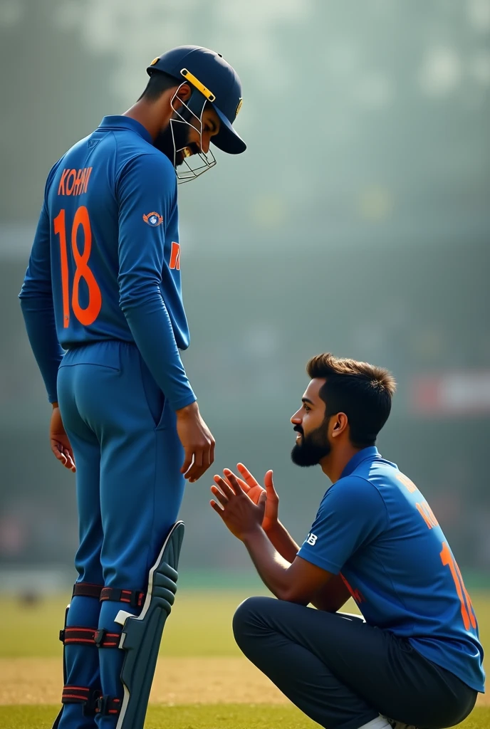 I want to create wallpaper like that I am wearing a Indian cricket team jersey and i touch the feet of Virat Kohli and my jersey no is 18 and my jersey name is som and I touch his foot