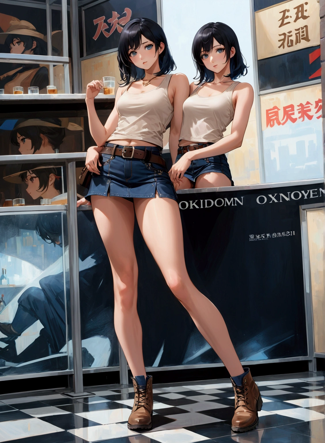 a pretty girl in a bar, shoulder-length black hair, wearing a tank top, dark prussian-blue denim micro skirt with black belt, brown ankle boots, realistic anime art style, highly detailed, cinematic lighting, 8k, masterpiece
