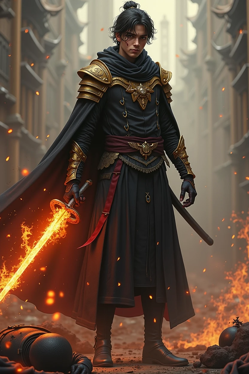 Young swordsman in black and gold cloak, where he has a Katana as his primary weapon, thirsty for blood and his desire for revenge, full of corpses on the floor, on his face there is a scar over his left eye and in his right hand it is on fire as well as a katana wielded in a more fantasy way