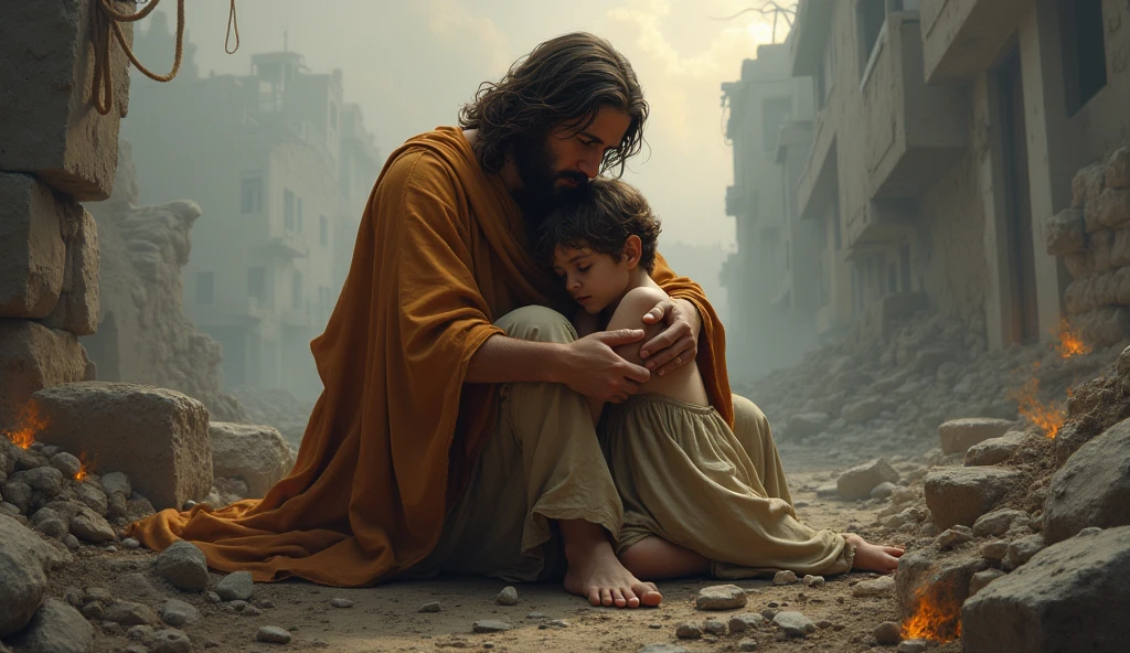 Jesus comforting a child in a war-torn area on Earth
