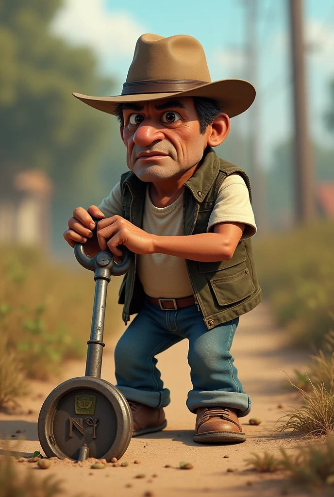 Mr. Madruga from the series Chaves del 8, detecting metals with the metal detector. Mr. Madruga is wearing his signature hat, classic jeans and your worn out t-shirt , come and always