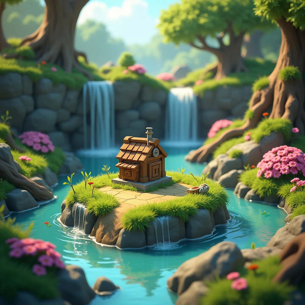 3D model game, Clash of Clan style, model on small island with rocks and waterfalls flowing through, in old forest with rocks, trees and rotten wood with moss, flowers and grass growing. Ready to play.