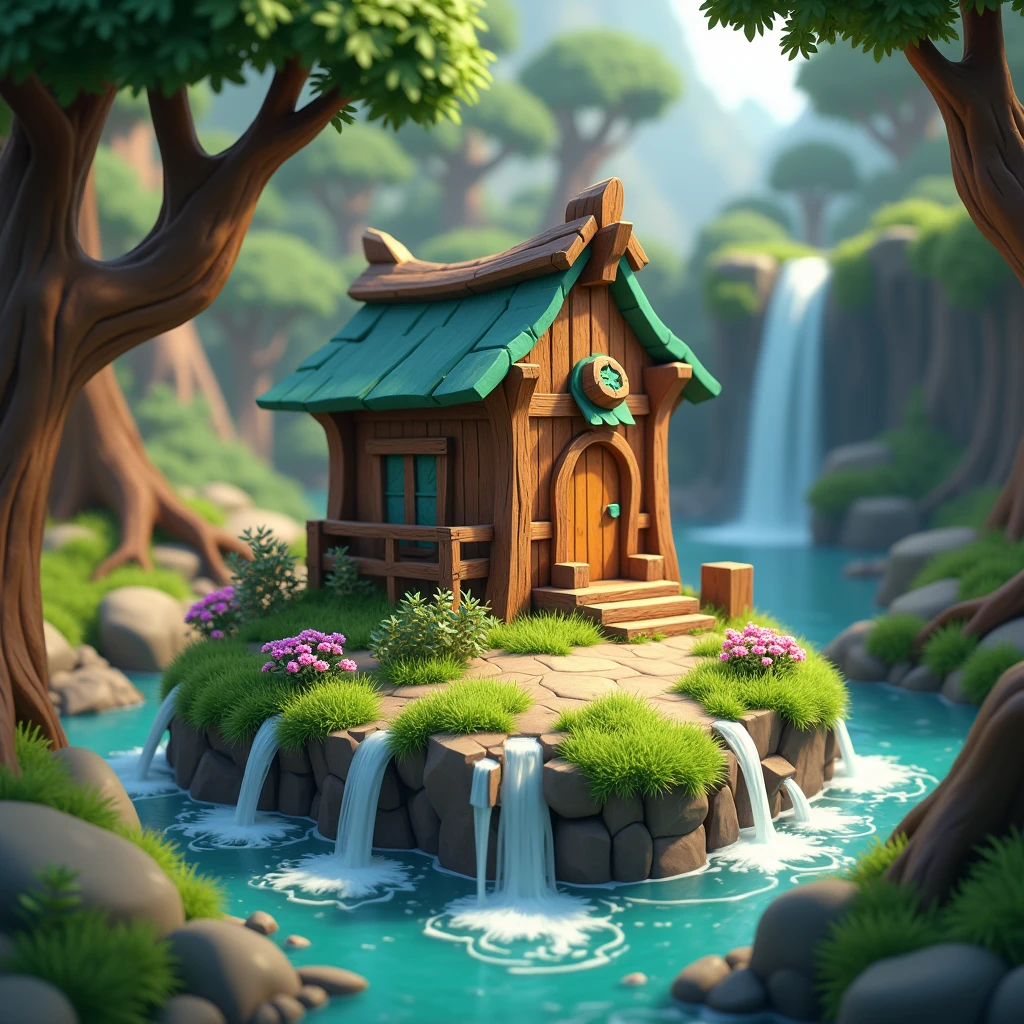 3D model game, Clash of Clan style, model on small island with rocks and waterfalls flowing through, in old forest with rocks, trees and rotten wood with moss, flowers and grass growing. Ready to play.