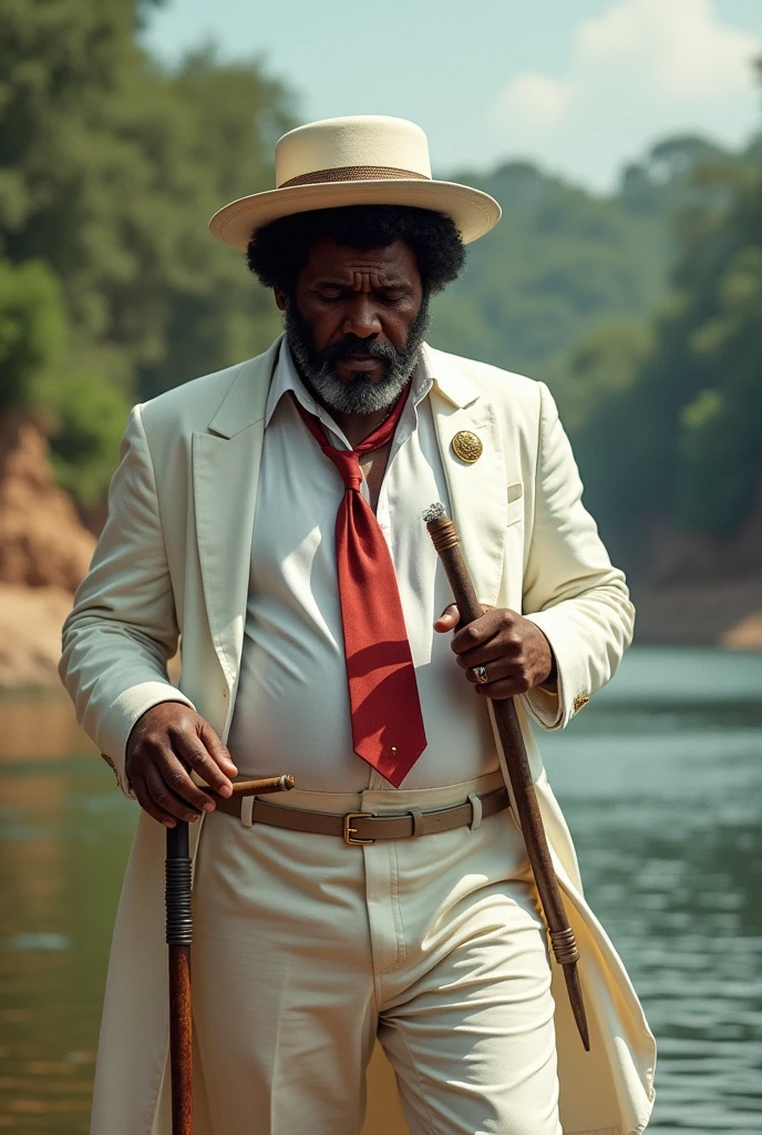 northeast backlands brazil brazil riverside,
Zé Pilintra an ancestor, represented as a Brazilian man, blacksad, brawny, afro hair, happy, what a samba, rogue and bohemian. Dressed in a white hat, smoking cigar with head down, white suit, white shirt and red tie and holding a cane umbanda candomblé